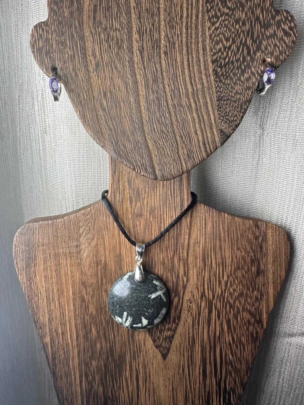 Round Chinese Writing Stone Pendant Necklace on Black Rope, Sterling Silver